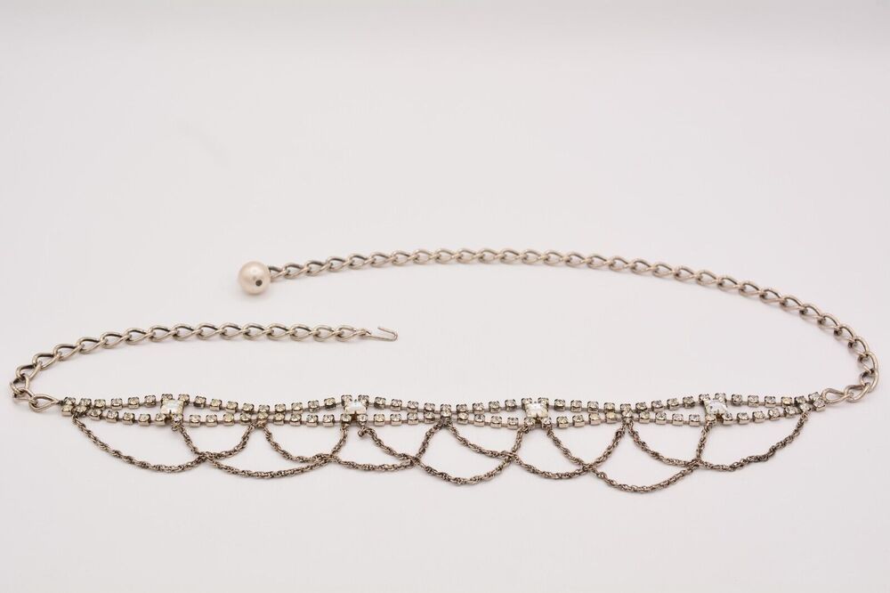 Vintage Statement Belt Rhinestone Crystal Prong Dangle Chain Silver Tone 20"-32"